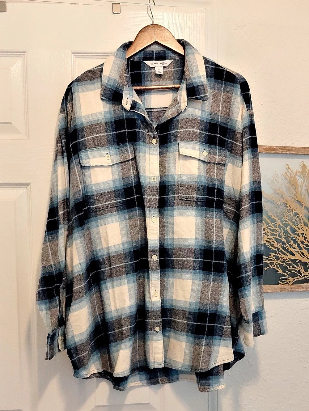 Old Navy The Boyfriend Shirt Flannel Plaid Blue & White 2X